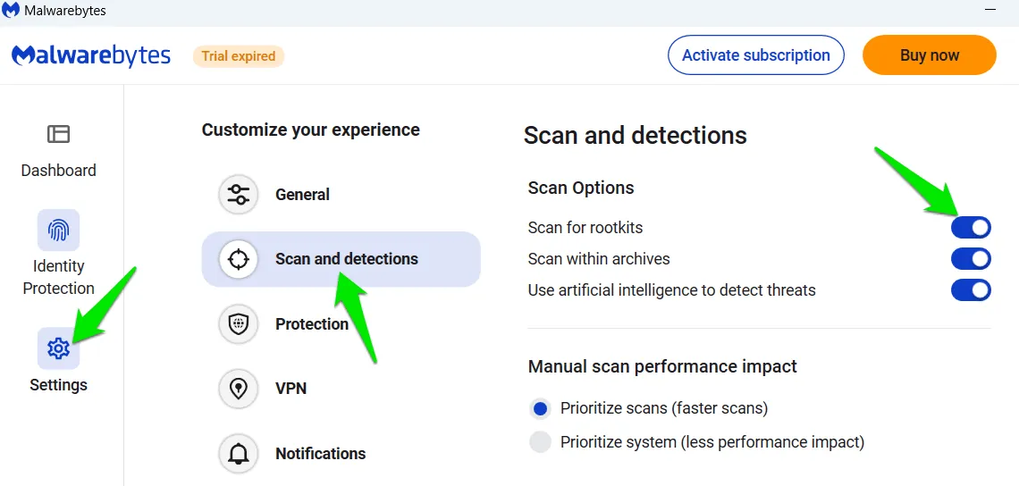 Rootkit-scanoptie inschakelen in Malwarebytes