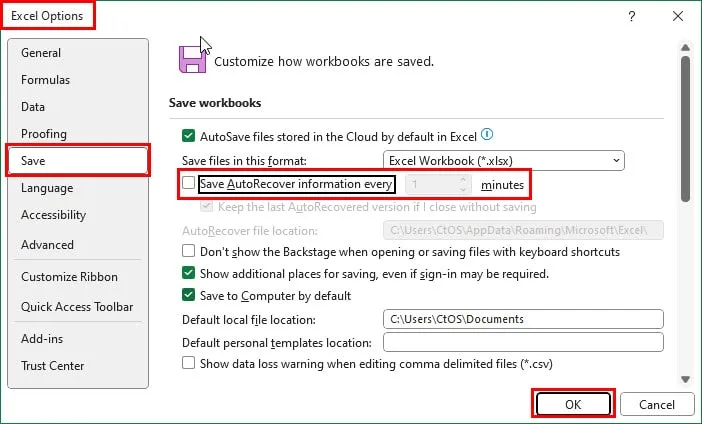 Automatische Wiederherstellung für Excel-Optionen