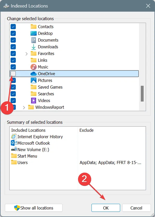 No indexe OneDrive para reparar SearchFilterHost.exe