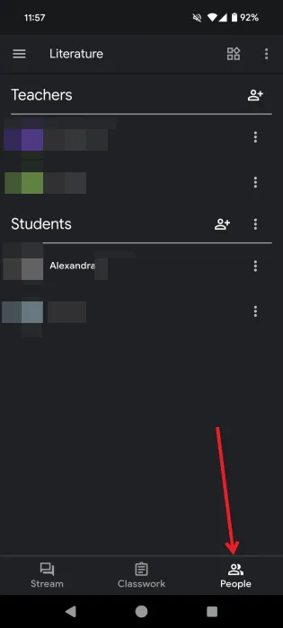 Passer à l'onglet Personnes dans l'application Google Classroom pour Android.