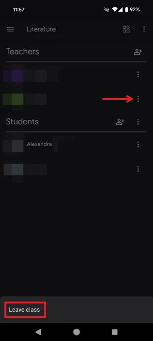 Docent uitschrijven bij de Google Classroom-app op Android.