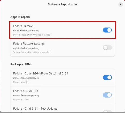 Een screenshot waarop de schakelaar voor de Fedora Flatpaks-repository in Fedora 40 te zien is.