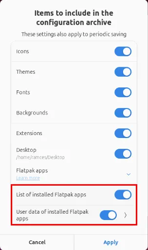 Ein Screenshot, der die zusätzlichen Optionen in SaveDesktop zum Sichern von Flatpak-Apps und -Konfigurationen zeigt.