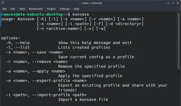 Ein Terminal, das die Standardeingabeaufforderung von Konsave anzeigt.