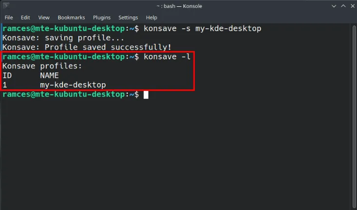 Ein Terminal, das den neu gesicherten KDE-Desktop in Konsave anzeigt.