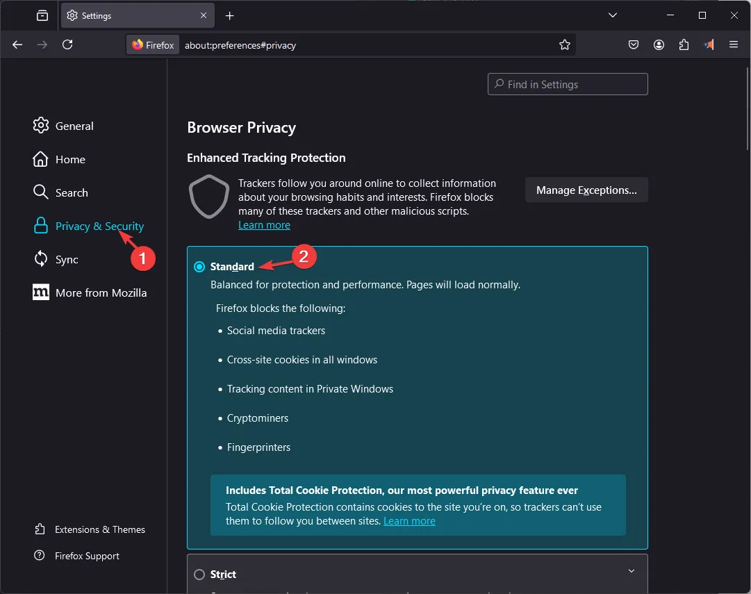 Protección mejorada: Forefox no carga sitios web