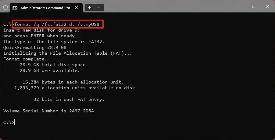 Opdrachtprompt formatteren schijf met FAT32