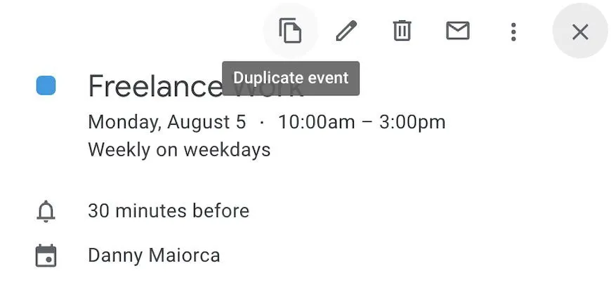 El icono de duplicado en la extensión de duplicado rápido de Google Calendar