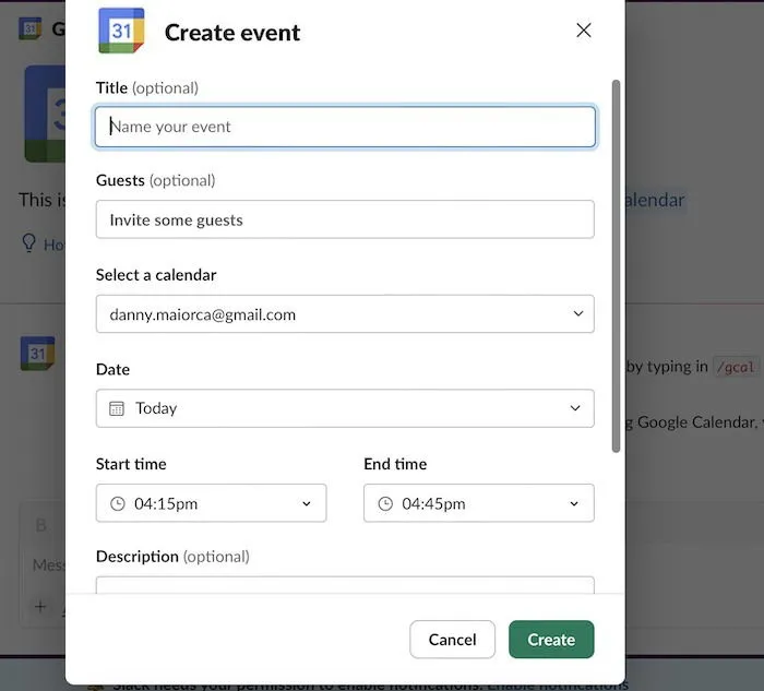 Creazione di eventi nell'integrazione di Google Calendar con Slack