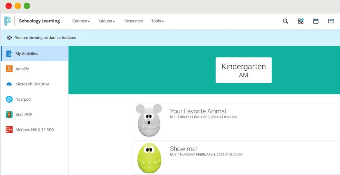 Tableau de bord d'apprentissage Schoology visible pour la maternelle.