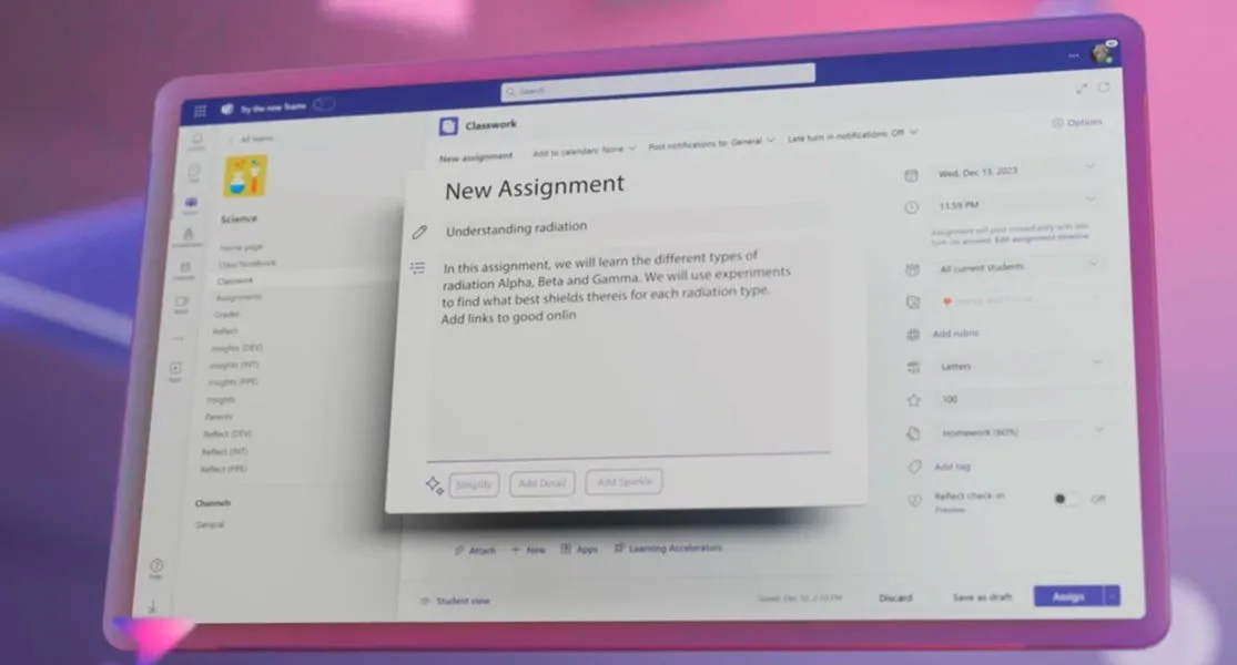 Création d’une nouvelle tâche dans Microsoft Teams pour l’éducation.