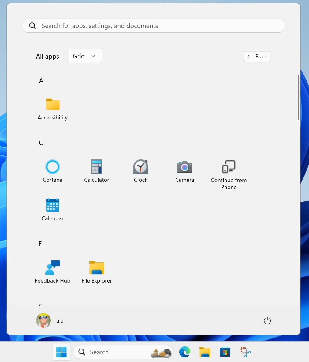 Rasterlayout im Abschnitt „Alle Apps“ im Startmenü von Windows 11