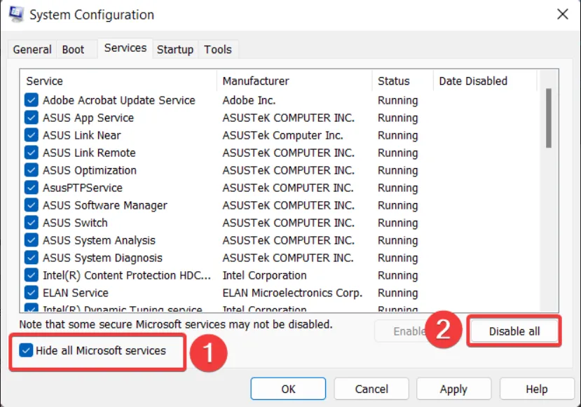 모든 Microsoft 서비스 msconfig 숨기기