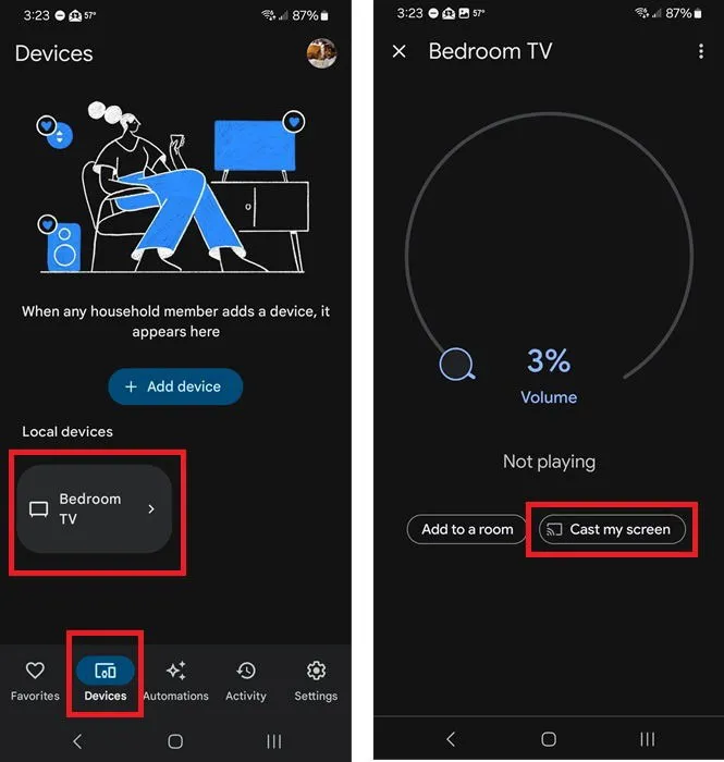 Transmitir a un televisor con la aplicación Google Home.