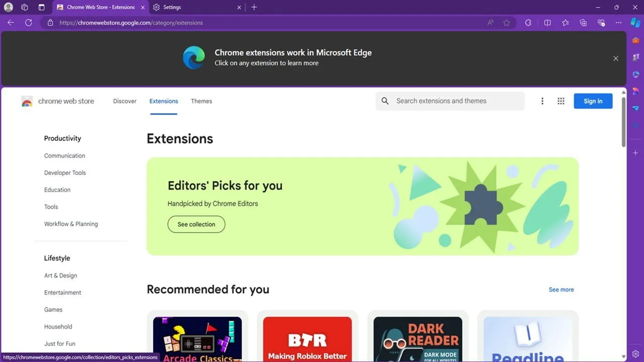 Chrome Web Store chargé sur Microsoft Edge.