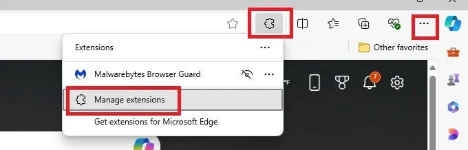 Trovare il menu Estensioni in Edge.