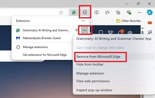 Désinstallation des extensions Chrome dans Microsoft Edge.