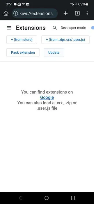 Verken het gedeelte Extensies in de Kiwi Browser.