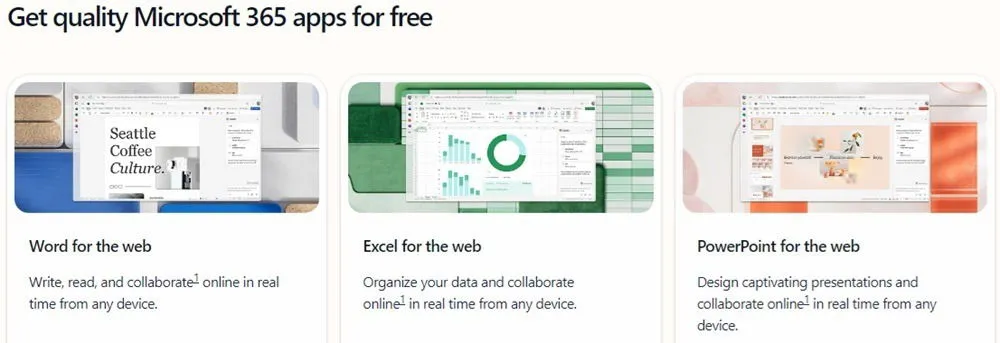 Microsoft에서 Word, Excel, PowerPoint를 무료로 제공하는 모습입니다.