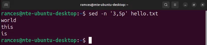 Een terminal die laat zien dat sed specifieke regelbereiken kan afdrukken.