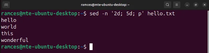 Ein Terminal, das den Vorgang des Löschens nicht benachbarter Zeilen mit sed zeigt.