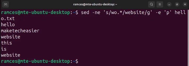 Een terminal met de substitutie-subopdracht in sed.