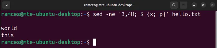 Een terminal die het proces laat zien van het bewaren van meerdere tekstregels in sed's