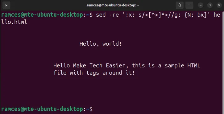 Ein Terminal, das zeigt, wie sed die HTML-Tags in einer Datei mithilfe von Schleifen entfernt.