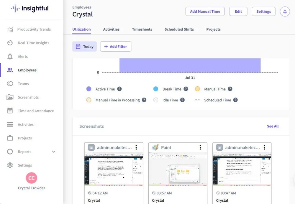 Captures d'écran et détails des employés dans Insightful.