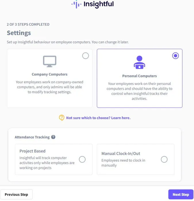 Configuration du type de suivi dans Insightful.io.