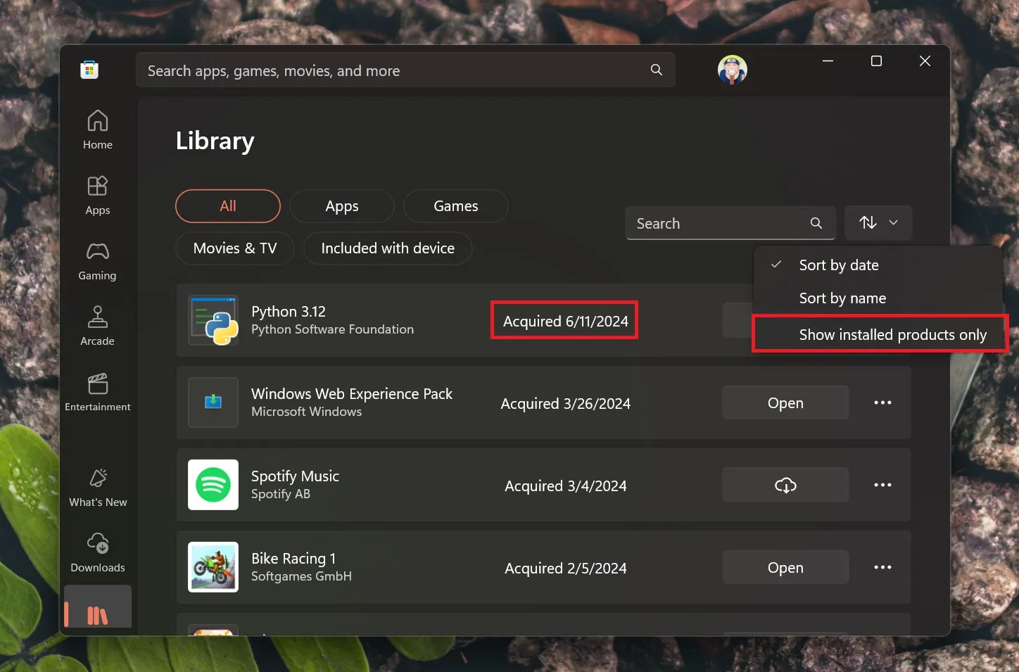 Der Bibliotheksbereich zeigt das erforderliche Datum und die Download-Option für Apps im Microsoft Store an