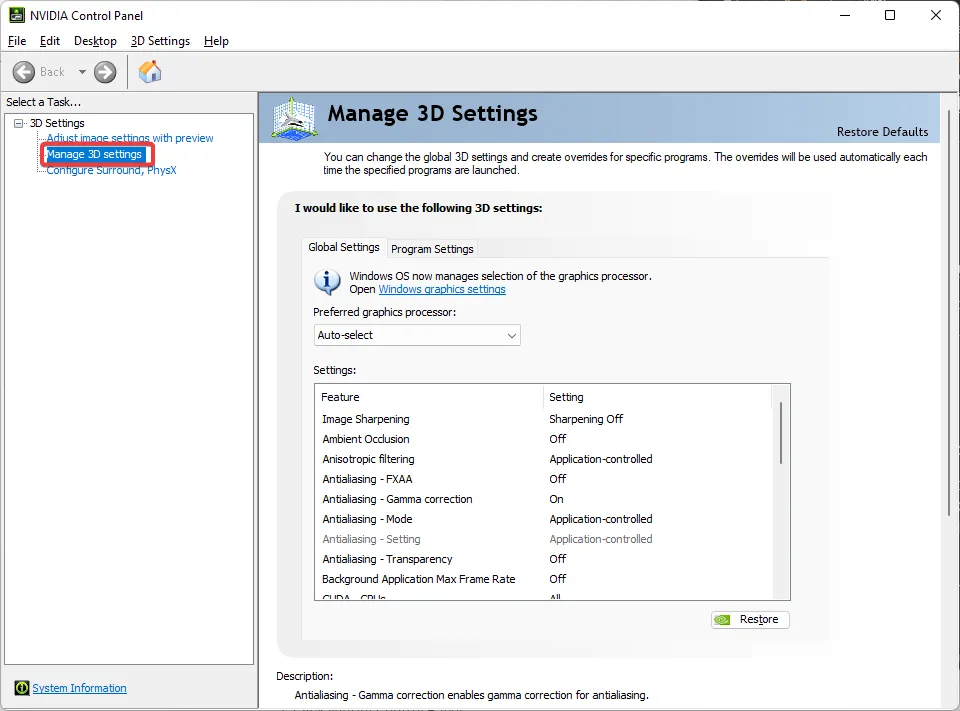 Administrar configuraciones 3D en Nvidia.