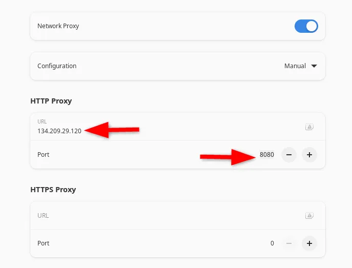 Especificación de la dirección IP y el número de puerto para configurar el proxy manual.