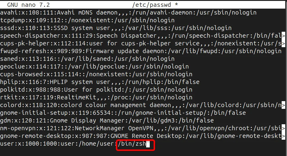 Ändern der Standard-Bash-Shell in die Zsh-Shell im Texteditor /etc/passwd.