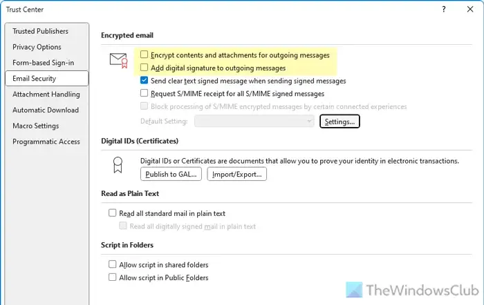 Microsoft Outlook은 이 메시지에 서명하거나 암호화할 수 없습니다.