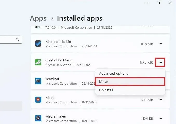 déplacer l'application les applications installées