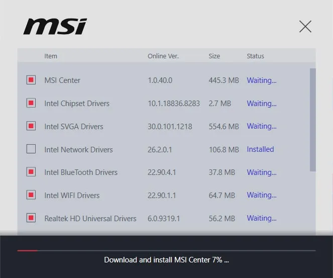 msiドライバユーティリティインストーラーが実行中