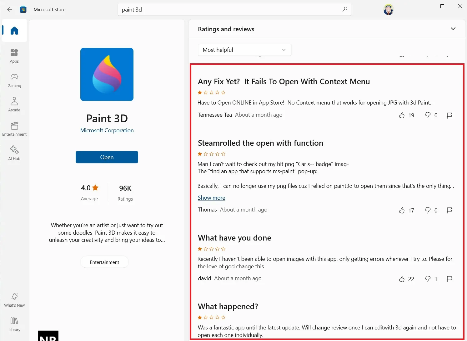 Reseñas negativas después de que Paint 3D deja de aparecer en el menú Abrir con en Windows