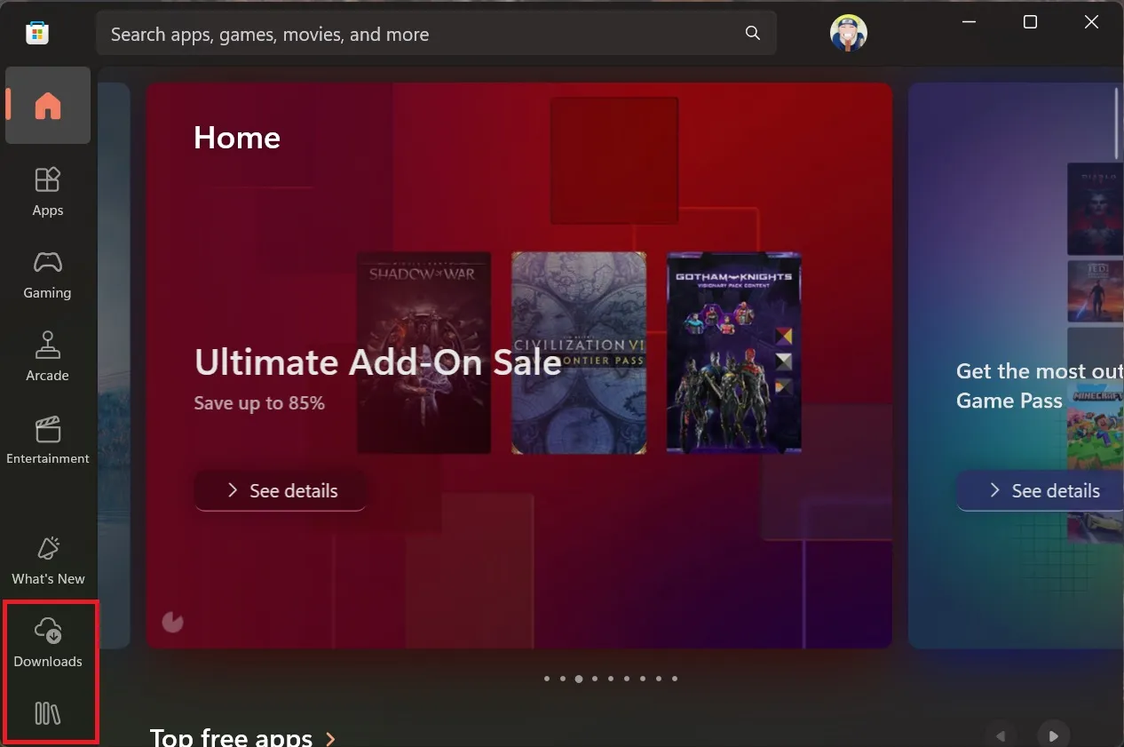 Nueva sección de biblioteca y descargas en Microsoft Store de Windows 11