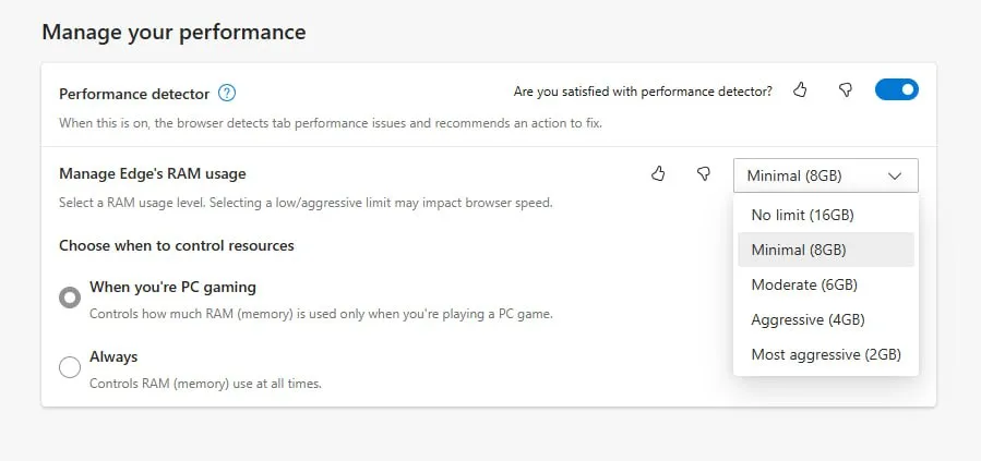 nouveaux préréglages de RAM pour limiter l'utilisation de la RAM dans Edge