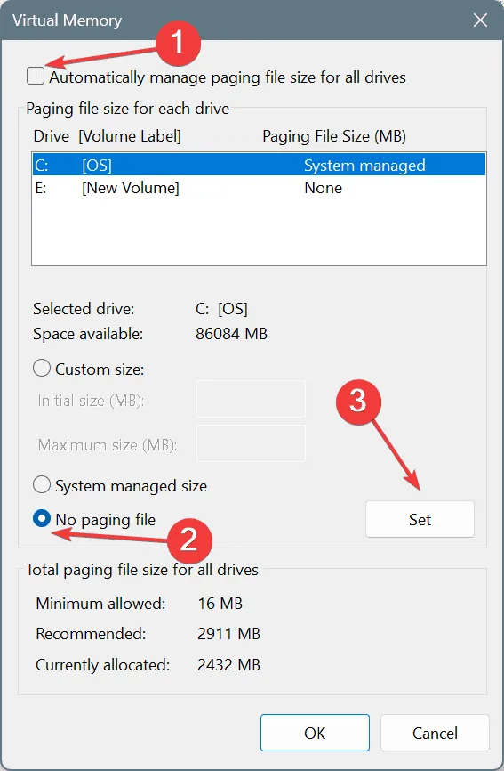 rimuovere il file di paging