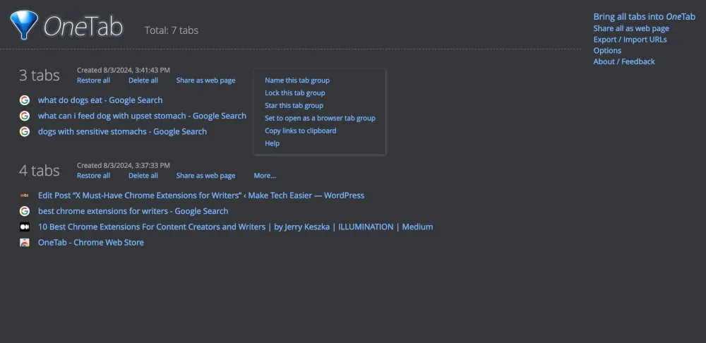 Uso de la extensión OneTab de Chrome para escritores