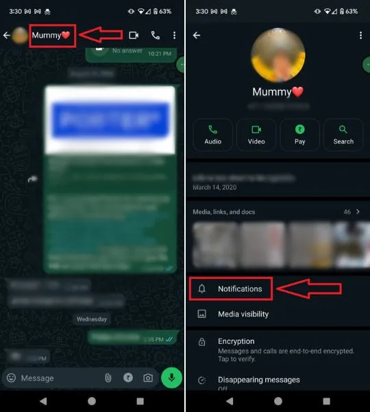 Pasos para abrir el chat personal de WhatsApp y la pestaña de notificaciones en el teléfono móvil.