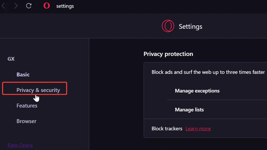 Configuración de privacidad y seguridad de Opera GX