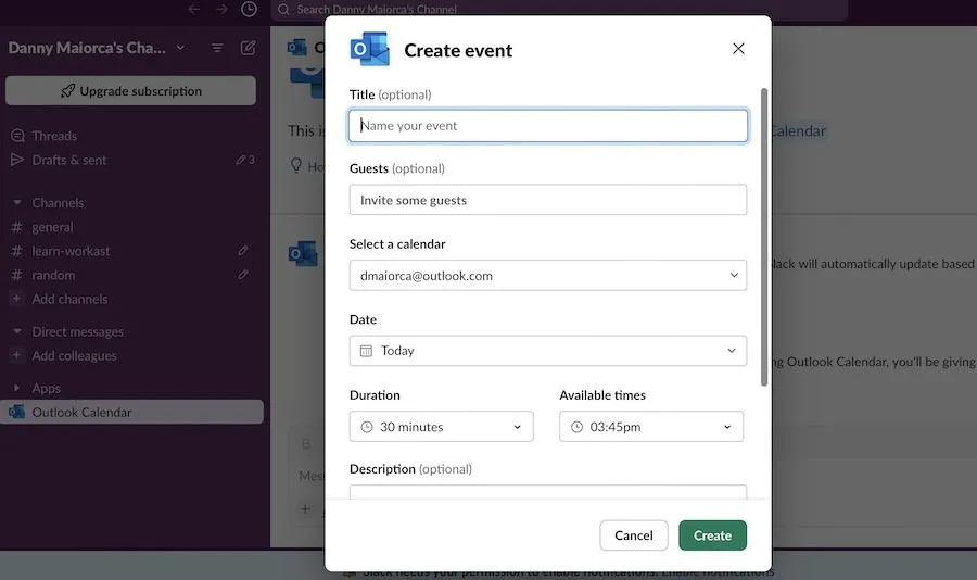 Un ejemplo de uso del calendario de Outlook en la aplicación Slack