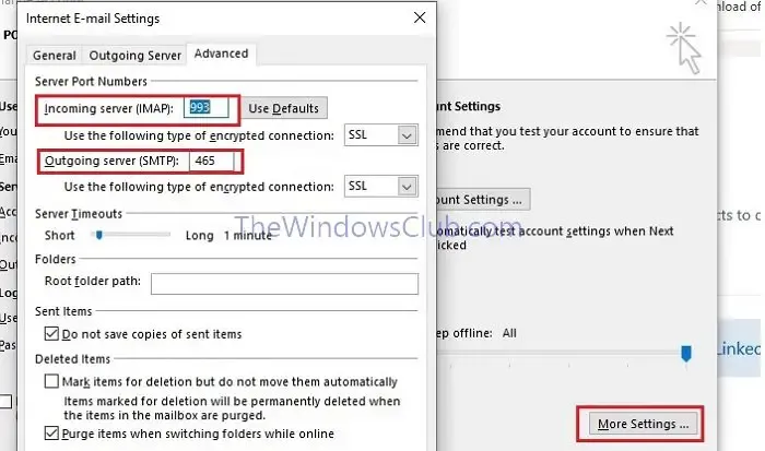 Configuración del puerto del servidor SMTP IMAP de Outlook