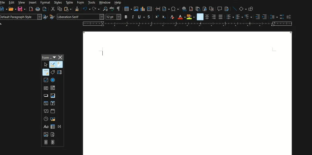 LibreOffice Writer에서 양식 도구 모음이 표시됩니다.