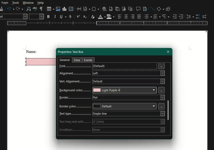 Visualización de la ventana Propiedades del cuadro de texto en LibreOffice.