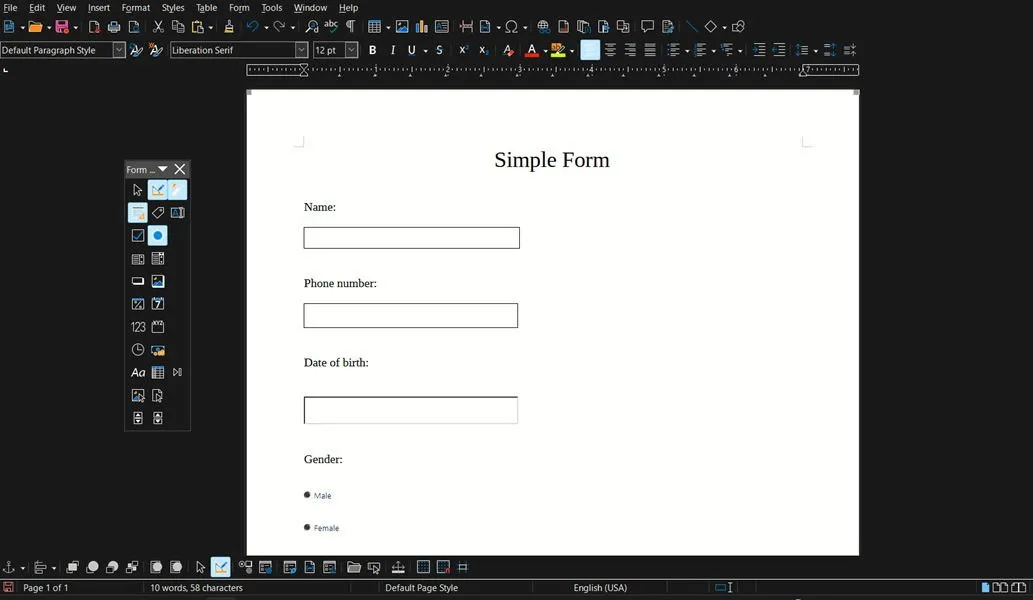 Eenvoudige formulierweergave gemaakt met LibreOffice.