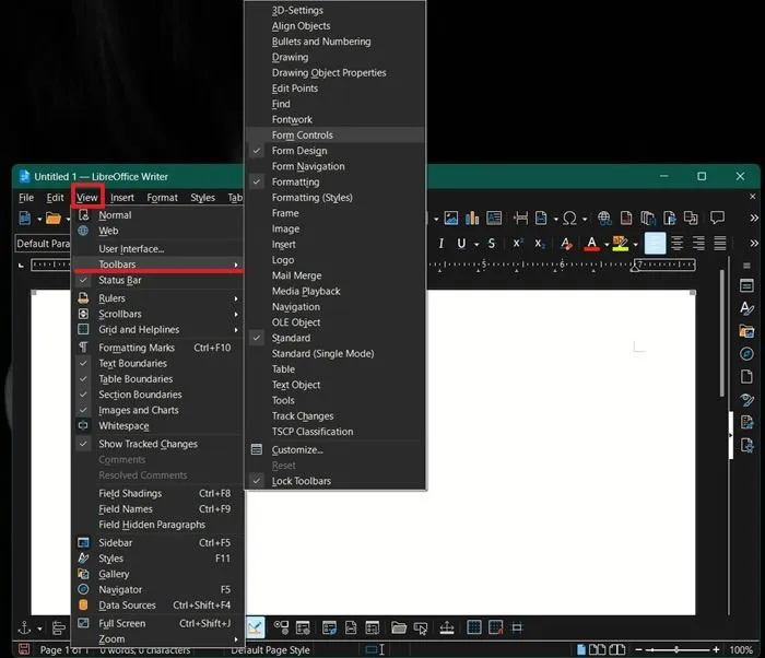Activar la barra de herramientas Controles de formulario en LibreOffice Writer.
